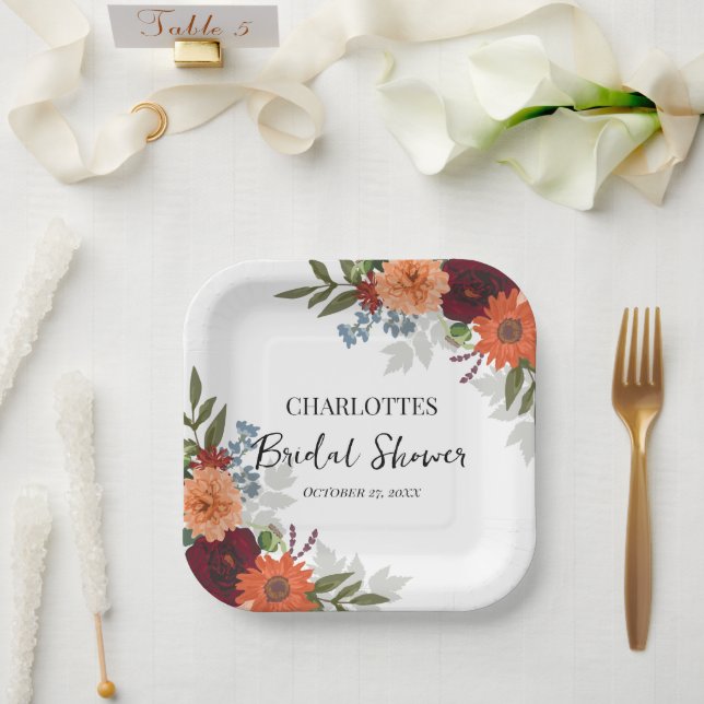 Burgundy Fall Garden Brautparty Pappteller (Hochzeit)