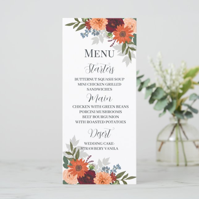 Burgundy Fall Garden Floral Wedding Menükarte (Stehend Vorderseite)