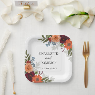 Burgundy Fall Garden Floral Wedding Pappteller