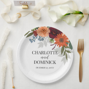 Burgundy Fall Garden Floral Wedding Pappteller