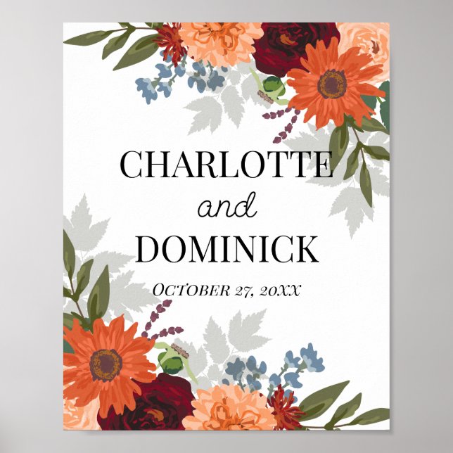 Burgundy Fall Garden Floral Wedding  Poster (Vorne)
