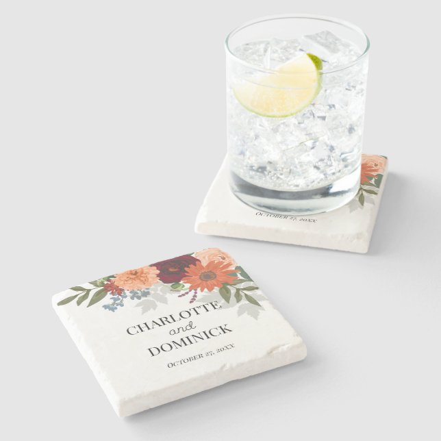 Burgundy Fall Garden Floral Wedding Steinuntersetzer (Seitenansicht)