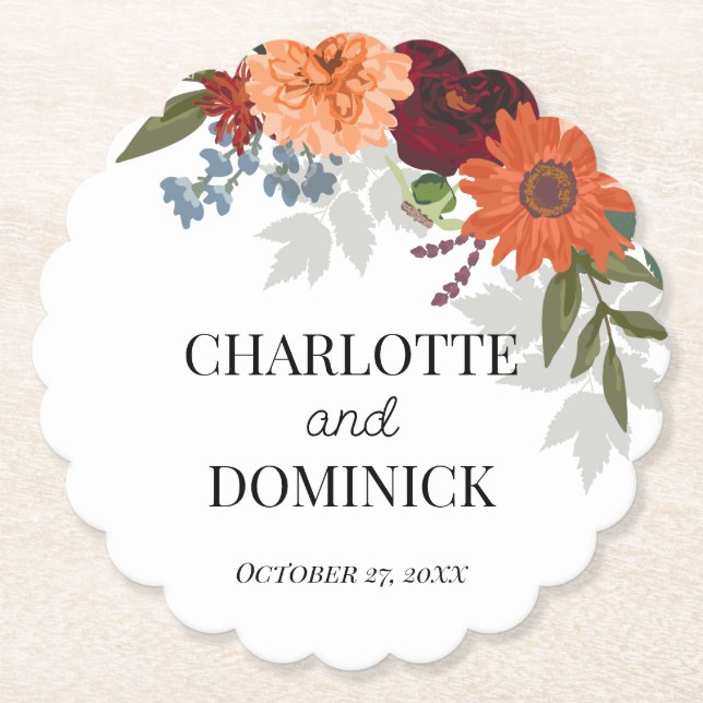Burgundy Fall Garden Floral Wedding Untersetzer (Vorderseite)