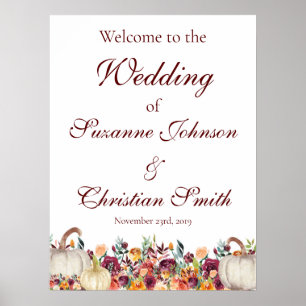 Burgundy Fall Gold Pumpkin Wedding Welcome Sign Poster