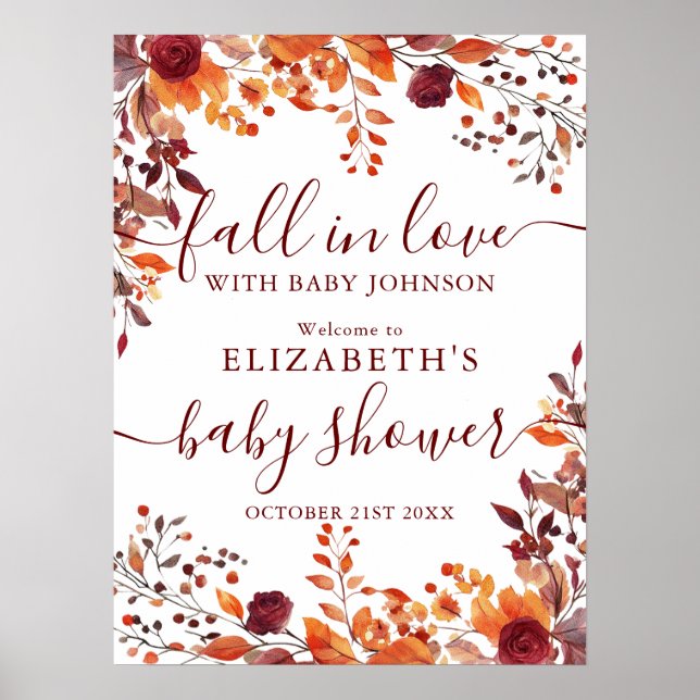 Burgundy Fall in Liebe Babydusche Begrüßungszeiche Poster (Vorne)