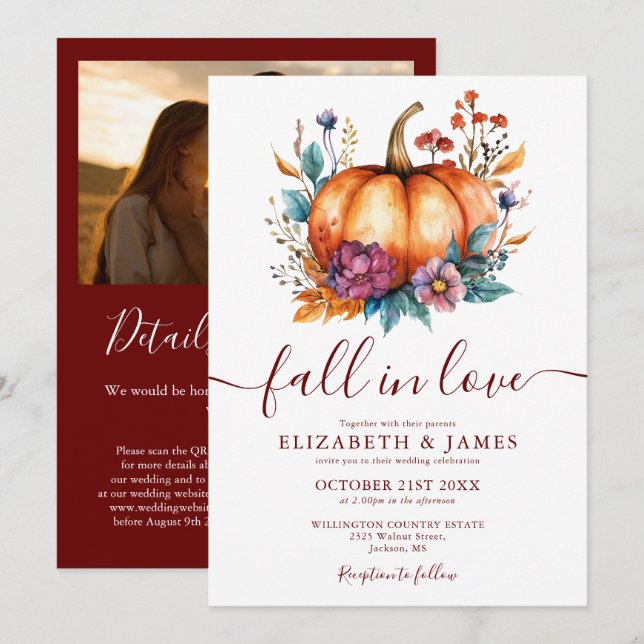 Burgundy Fall in Liebe Pumpkin Foto QR Hochzeit Einladung (Vorne/Hinten)