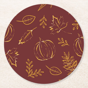 Burgundy Fall Pumpkins & Blätter Erntedank Runder Pappuntersetzer