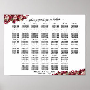 Burgundy Floral 19 Tische Hochzeitssitze Poster