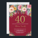 Burgundy Floral 40. Geburtstag Einladung Gold<br><div class="desc">Burgund Floral 40. Geburtstag Einladung für Frauen. Aquarellfarbene Blume Schwarz und Gold Glitzer. Rosa,  Gelb,  orange,  Lila Blume. Erwachsener zum Geburtstag. Für weitere Anpassungen klicken Sie bitte auf die Schaltfläche "Anpassen" und verwenden Sie unser Designwerkzeug,  um diese Vorlage zu ändern.</div>