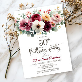 Burgundy Floral 50. Geburtstagsparty Einladung