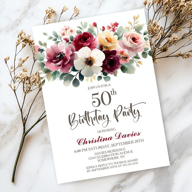 Burgundy Floral 50. Geburtstagsparty Einladung (Von Creator hochgeladen)