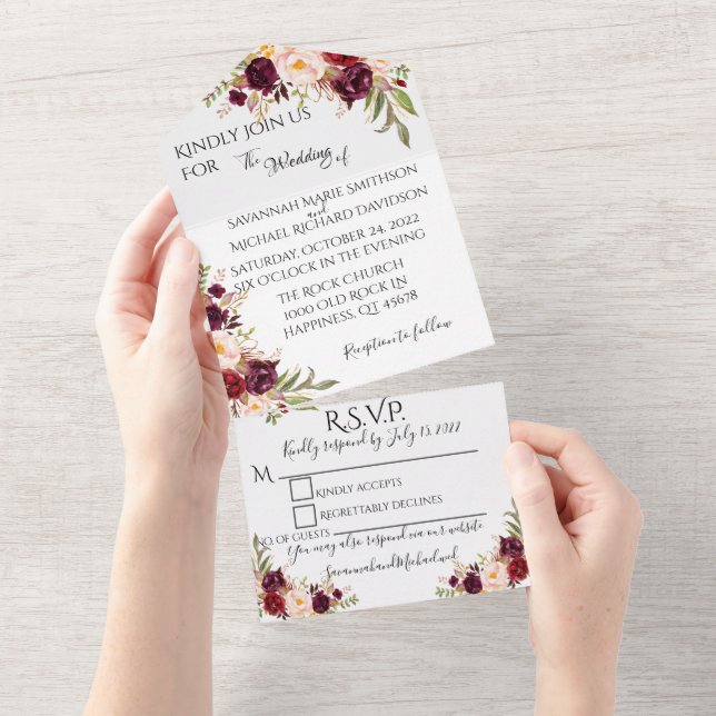 Burgundy Floral All in One Wedite Einladung (Abreißen)