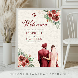 Burgundy Floral Anand Karaj Wedding Welcome Sign Poster