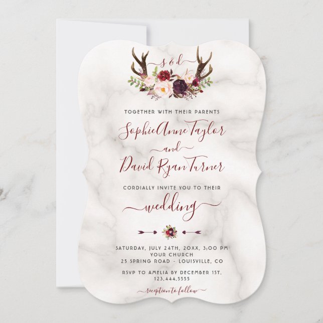 Burgundy Floral Antlers Calligraphy Marble Wedding Einladung (Vorderseite)