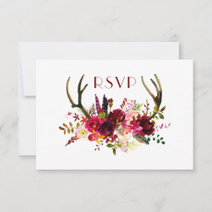 Burgundy Floral Antlers Eintritt + geladene Gäst RSVP Karte
