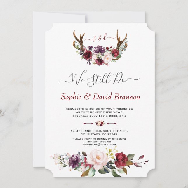 Burgundy Floral Antlers Kalligraphie tun wir noch  Einladung (Vorderseite)