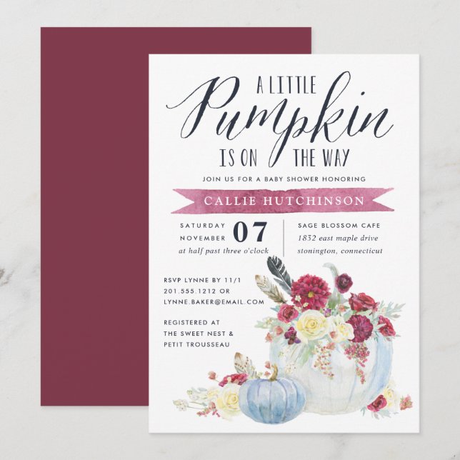 Burgundy Floral & Autumn Pumpkin Baby Shower Einladung (Vorne/Hinten)