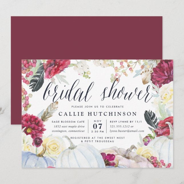 Burgundy Floral & Autumn Pumpkin Brautparty Einladung (Vorne/Hinten)