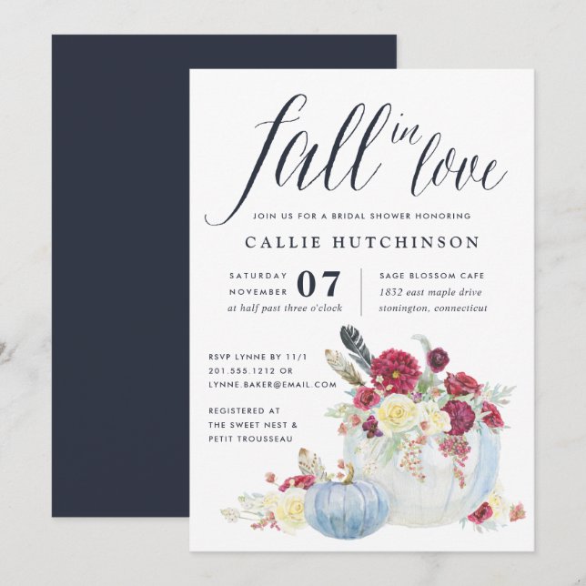 Burgundy Floral & Autumn Pumpkin Brautparty Einladung (Vorne/Hinten)