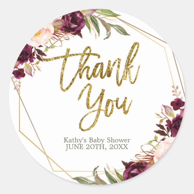 Burgundy Floral Baby Dusche Danke Sticker (Vorderseite)