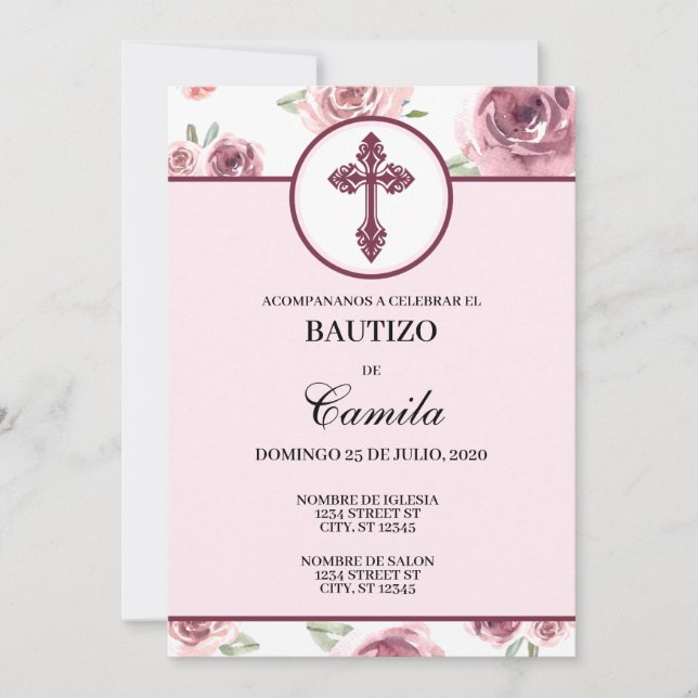 BURGUNDY FLORAL BAPTISM INVITATION EINLADUNG (Vorderseite)