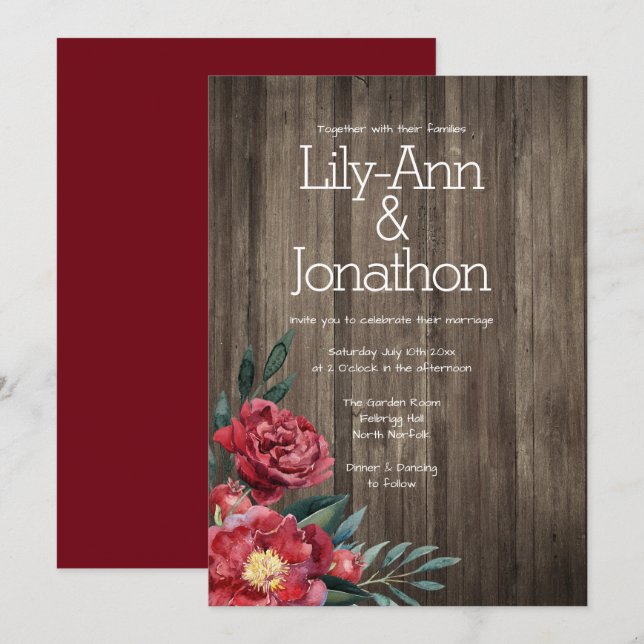 Burgundy Floral Bard Wood Rustic Wedding Einladung (Vorne/Hinten)