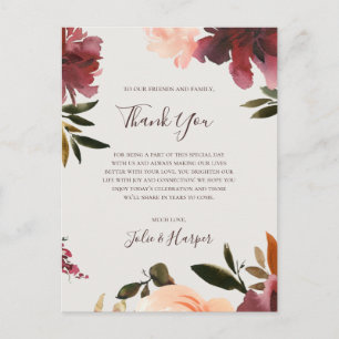 Burgundy Floral   Beige Dankeschön Empfang Card Postkarte