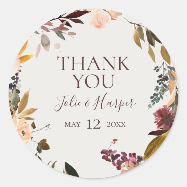 Burgundy Floral | Beige Dankeschön Gastgeschenk Ho Runder Aufkleber (Vorderseite)