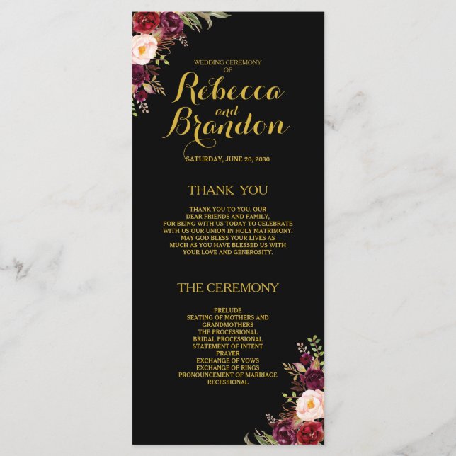Burgundy Floral Black Gold Custom Wedding Programm (Vorderseite)