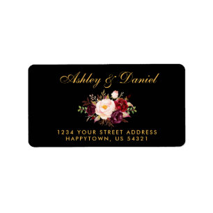 Burgundy Floral Black Gold Hochzeitadresse Adressaufkleber