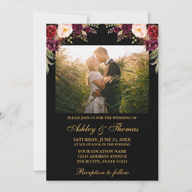 Burgundy Floral Black Gold Wedding Foto Einladung (Vorderseite)