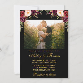 Burgundy Floral Black Gold Wedding Foto Einladung