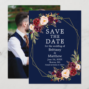 Burgundy Floral Blue Geo Frame Foto Save The Date