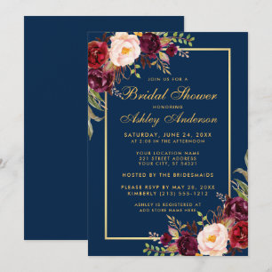 Burgundy Floral Blue Gold Brautparty Einladung