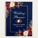 Burgundy Floral Blue Gold Hochzeitsplaner Planer<br><div class="desc">Elegant Gold Burgundy Marsala Watercolor Floral and Blue Wedding Planner</div>