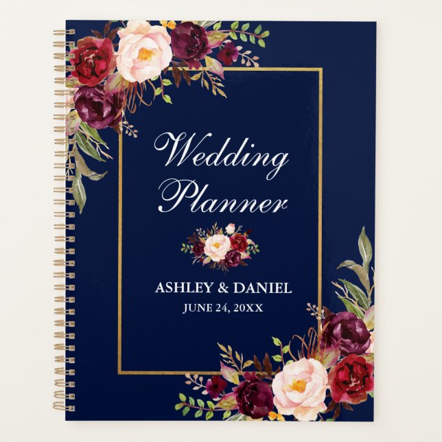 Burgundy Floral Blue Gold Hochzeitsplaner Planer (Vorderseite)