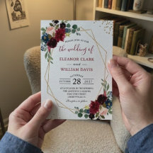 Burgundy Floral Blue Gold Modern Geometric Wedding