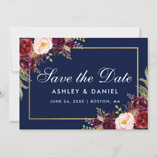 Burgundy Floral Blue Gold Save the Date (Vorderseite)