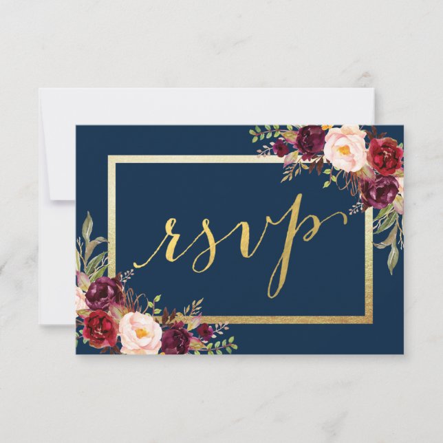 Burgundy Floral Blue Gold Script Wedding RSVP Karte (Vorderseite)