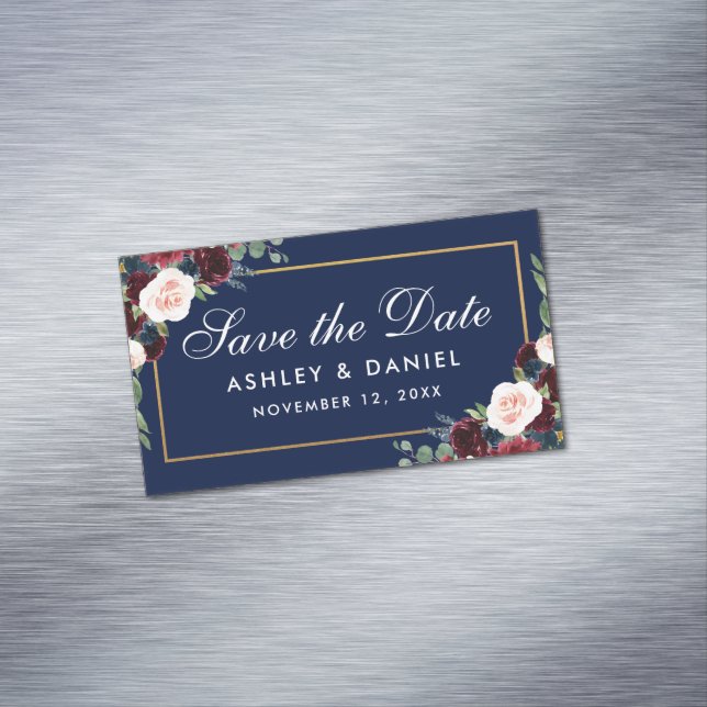 Burgundy Floral Blue Save the Date Mini Magnet (Beispiel)