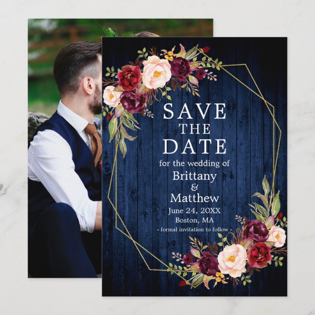 Burgundy Floral Blue Wood Geo Frame Foto Save The Date (Vorne/Hinten)