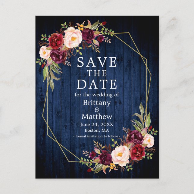 Burgundy Floral Blue Wood Geo Frame Save the Date Postkarte (Vorderseite)