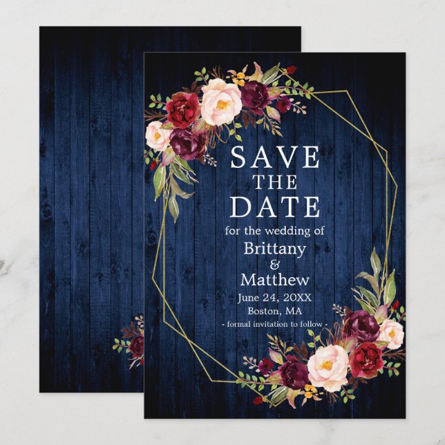 Burgundy Floral Blue Wood Gold Geo Frame Save The Date (Vorne/Hinten)