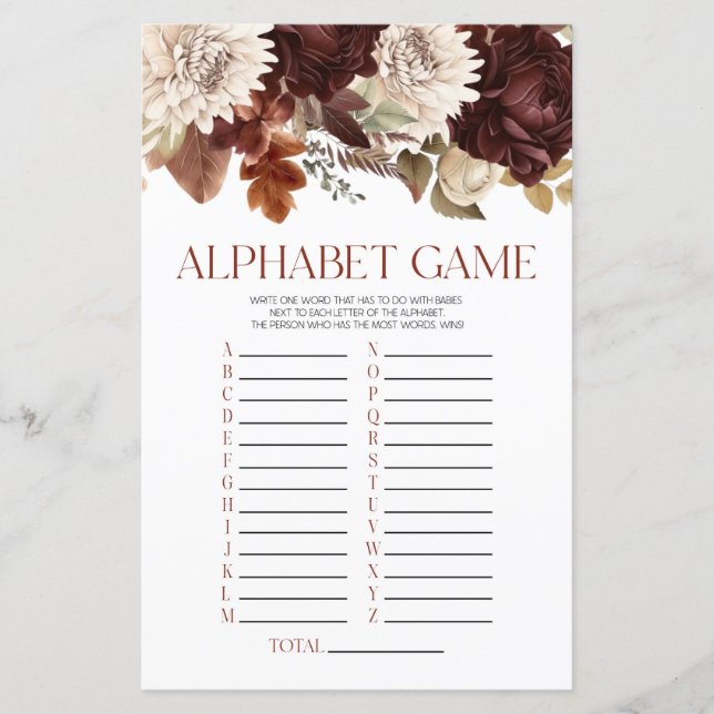 Burgundy Floral Blume Alphabet Babydusche Spiel (Vorderseite)