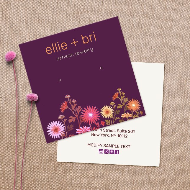 Burgundy Floral Boho Black Study Earring Display Quadratische Visitenkarte (Von Creator hochgeladen)