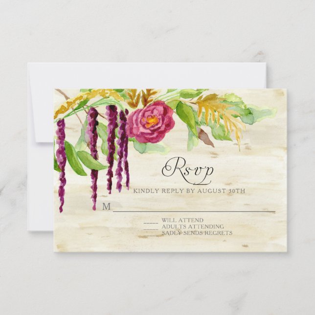 Burgundy Floral BOHO Bois Rustique Réponse RSVP (Devant)