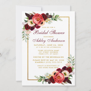 Burgundy Floral Boho Brautparty Gold Einladung WB