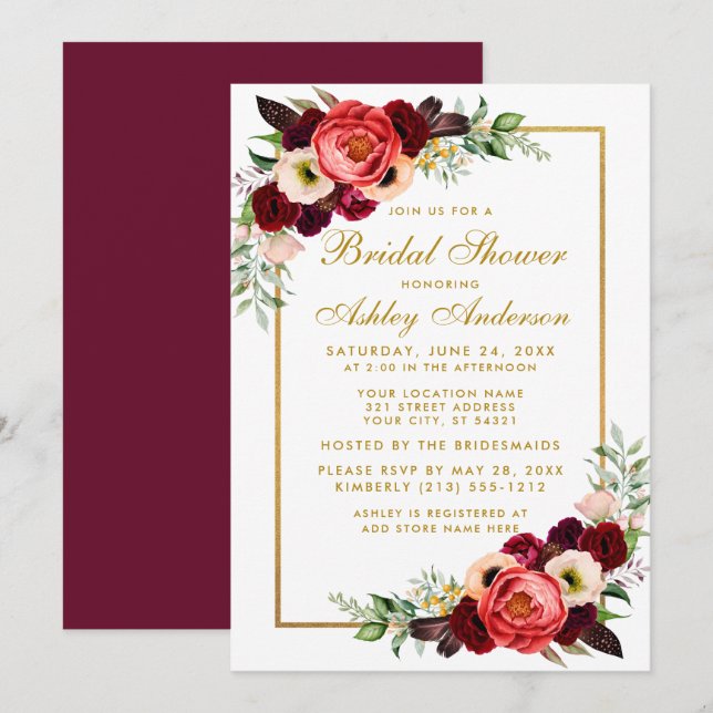 Burgundy Floral Boho Brautparty Invite BG Einladung (Vorne/Hinten)