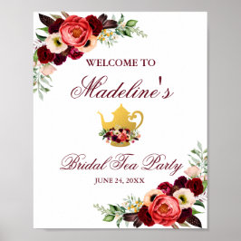 Burgundy Floral Boho Bridal Tee Party Willkommen Poster