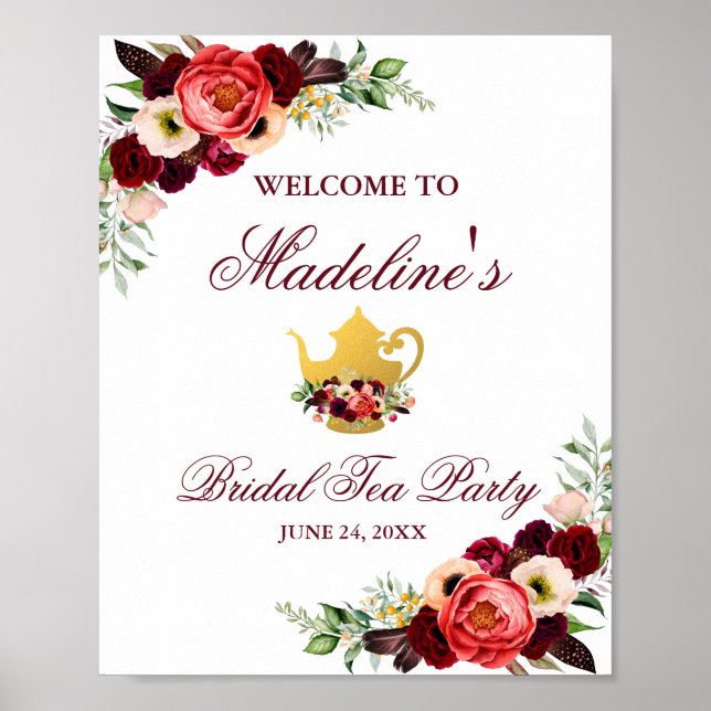 Burgundy Floral Boho Bridal Tee Party Willkommen Poster (Vorne)